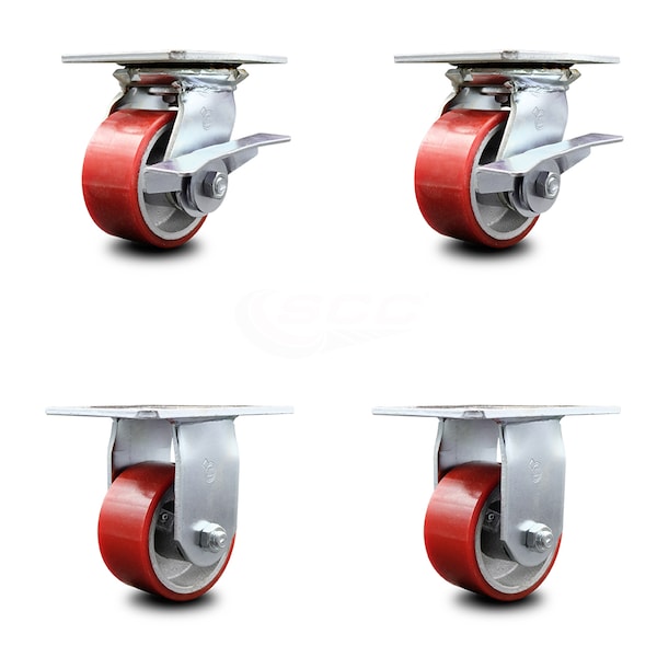 4 Inch Red Poly on Cast Iron Caster Set with Ball Bearing 2 Brakes and 2 Rigid